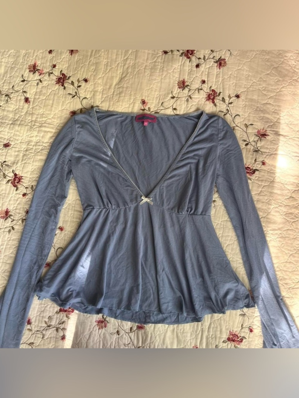 Edikted Light Blue Long-Sleeve V-Neck Babydoll Top with Bow